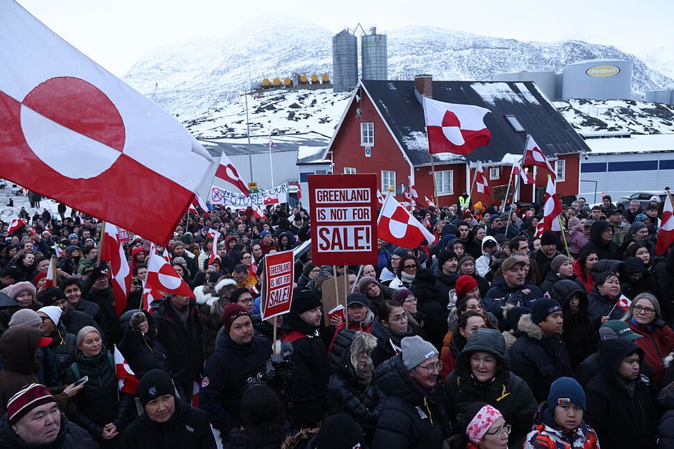 Protesters gather outside the United States Consulate in Nuuk, Greenland. Protesters gather outside the United States Consulate in Nuuk, Greenland.