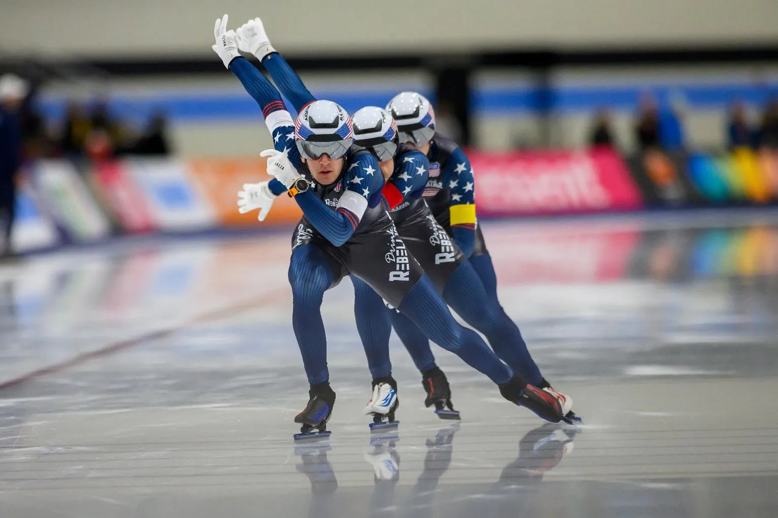 FILE - From front to back, United States' Casey Dawson, Emery Lehman and Ethan Cepuran skate to a new world record during the men's team pursuit at a World Cup speedskating event, Nov. 16, 2025, in Salt Lake City. (AP Photo/Tyler Tate, File) FILE - From front to back, United States' Casey Dawson, Emery Lehman and Ethan Cepuran skate to a new world record during the men's team pursuit at a World Cup speedskating event, Nov. 16, 2025, in Salt Lake City. (AP Photo/Tyler Tate, File)