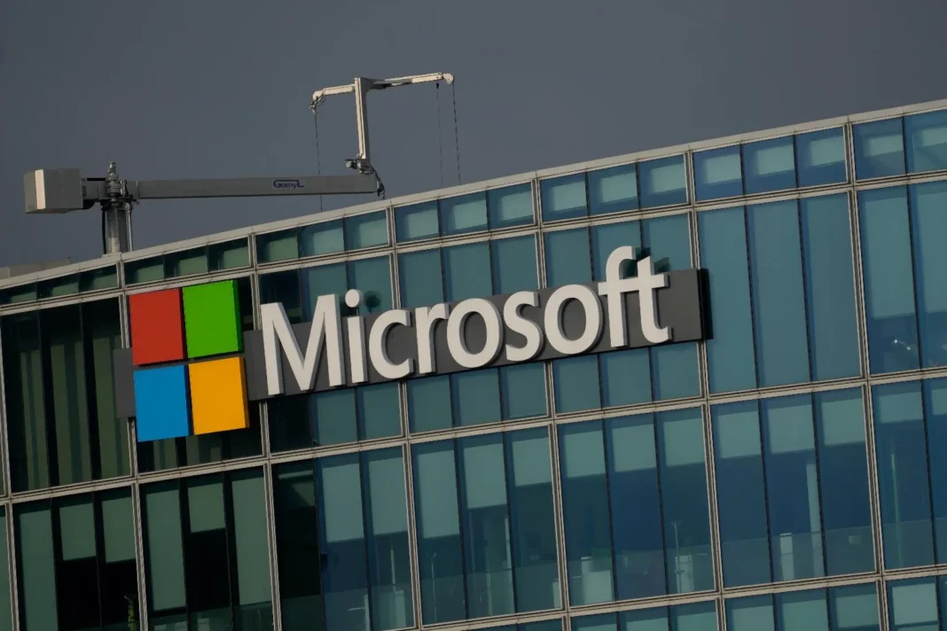 FILE - The logo of Microsoft is seen outside its French headquarters in Issy-les-Moulineaux, outside Paris on May 13, 2024. (AP PhotoThibault Camus, File)